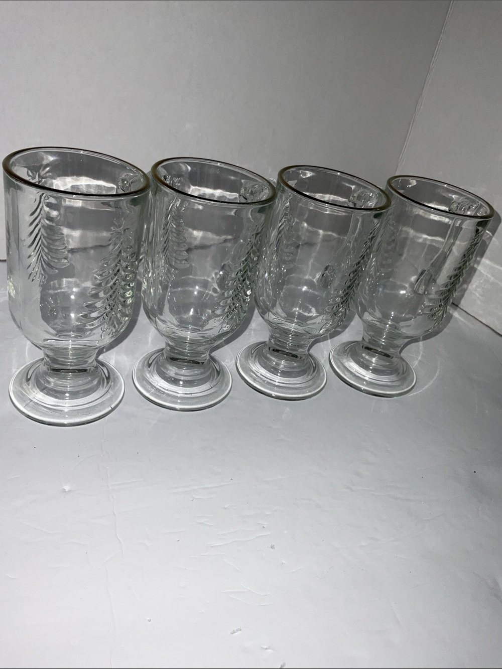 Clear Etched Glass Footed Christmas Tree Mugs Gold Trimmed Edge- Set of 4
